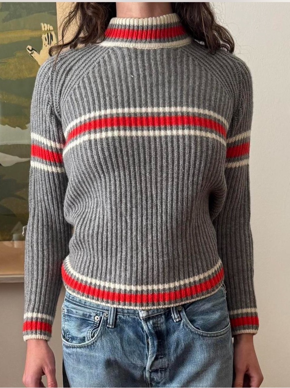 Marni Gray Ribbed Crew Sweater with Red & Cream Stripes